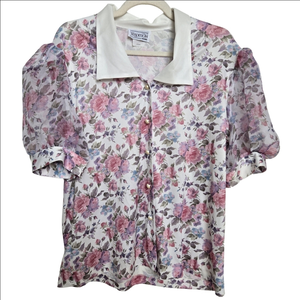 ❤️2/$20❤️ Vintage Tradition‎ Floral Pink Puff Sleeve Blouse